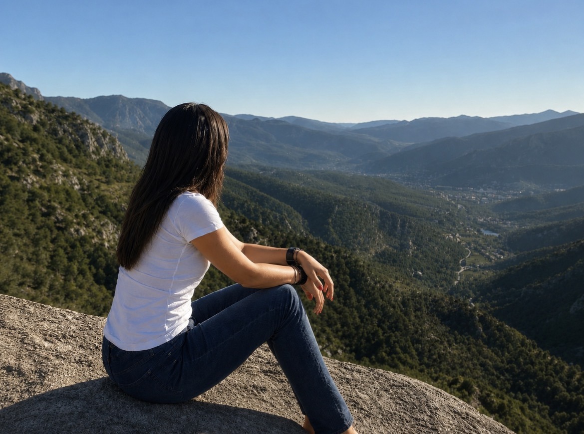 Woman sitting on a mountain overlooking a wide valley, reflecting on thoughts and uncertainty.